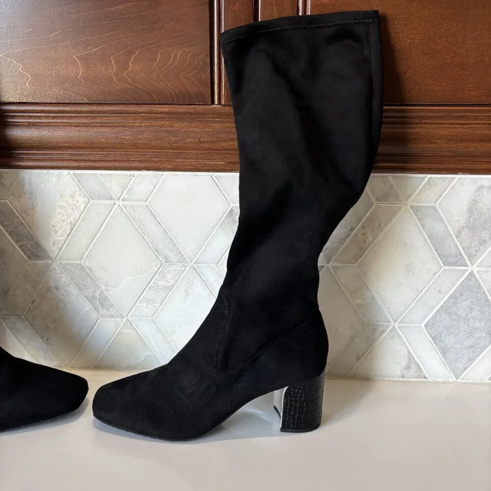 Donald Pilner Size 9M Knee High Black Fabric Boot Croc Block Heel Cassidy Square